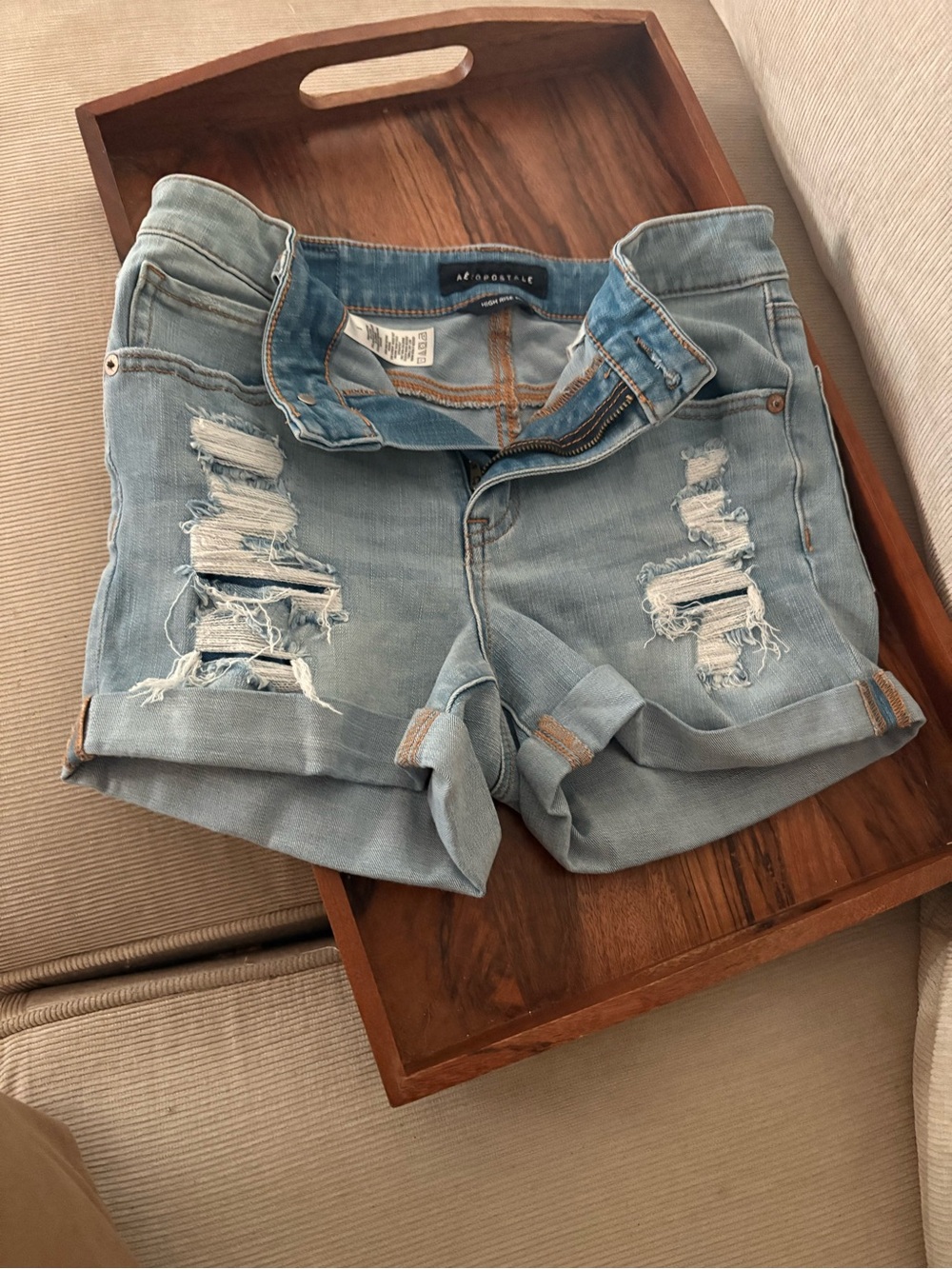 Aeropostale Light Wash Distressed Denim Roll-Cuff Shorts